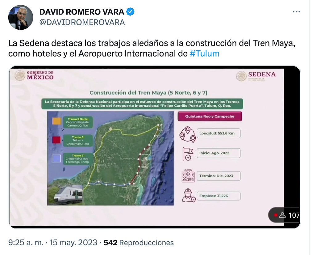 SEDENA reporta el avance del Tren Maya.