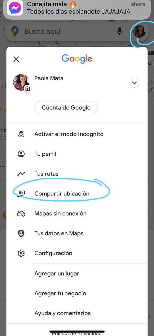Este es un ejemplo de cómo compartir tu ubicación desde tu cuenta de Google Foto: Captura de pantalla Facebook 