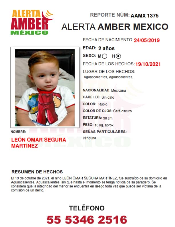 León Omar, de dos años, fue sacado de su casa en Aguascalientes | Foto: Alerta Amber
