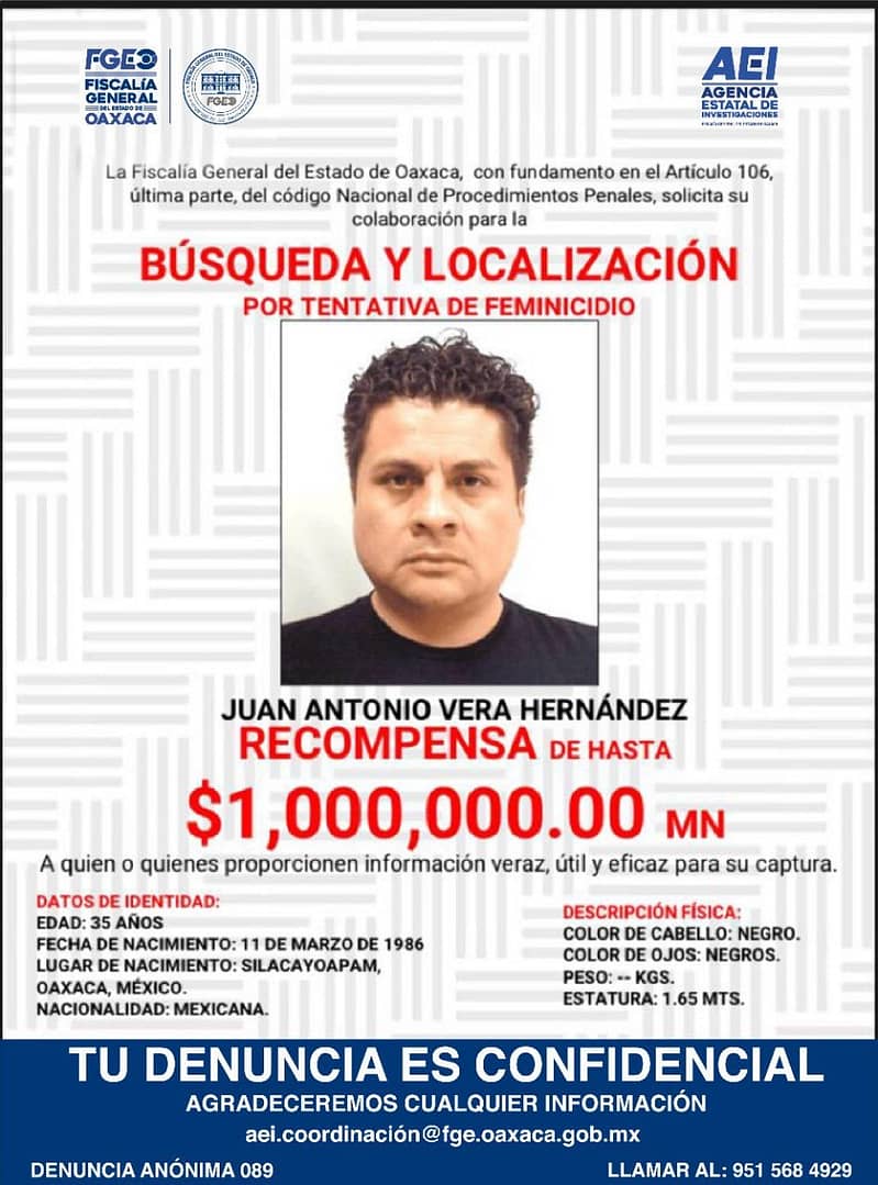 La fiscalía de Oaxaca ofrece una recompensa de un millón de pesos por uno de los implicados en el ataque contra María Elena Ríos | Foto: Twitter Elena Ríos
