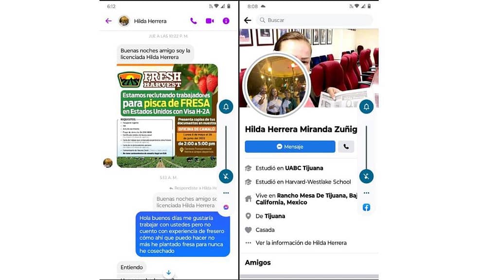 Captura de pantalla de una publicación en Facebook de una oferta para trabajar en Estados Unidos.