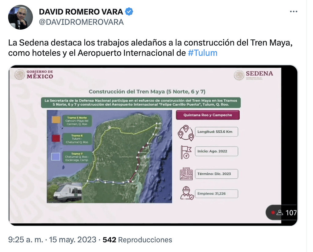 SEDENA reporta el avance del Tren Maya.