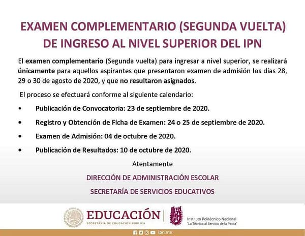 Fechas para la segunda vuelta examen IPN 2020