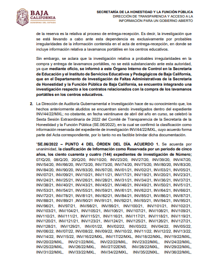 La Secretaría de la Honestidad y la Función Pública de Baja California reveló que hay 144 expedientes de investigación, pero también decidió reservar la información. 
