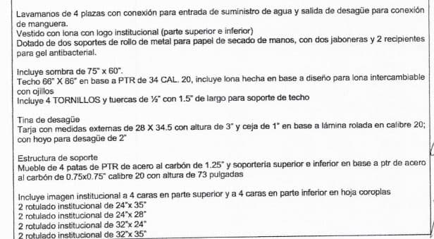 Detalle del listado de partes para los lavamanos, como aparece en los contratos obtenidos mediante la Plataforma Nacional de Transparencia. 