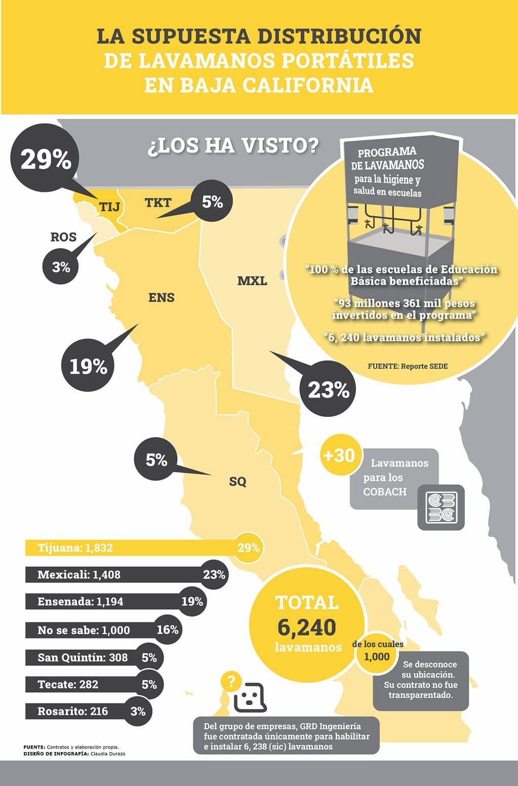 Mapa de la supuesta distribución estatal de lavamanos portátiles contra el Covid-19.