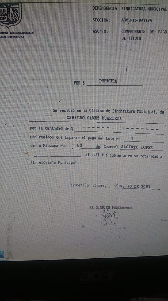 Comprobante de pago de título al ayuntamiento de Hermosillo de Osbaldo Gámez Murrieta.