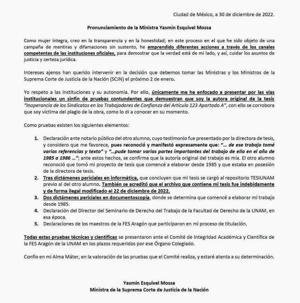 Yasmin Esquivel pronunciamiento 