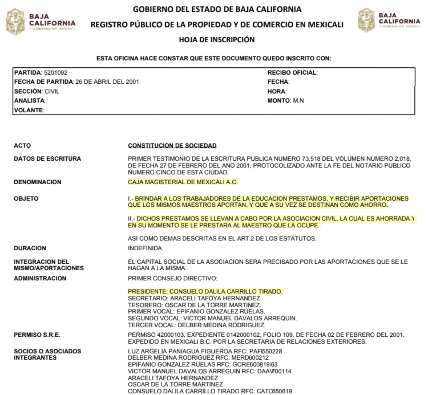 Documento de inscripción de la Caja Magisterial De Mexicali A.C., posteriormente conocida como CAMAC y sus socios.Crédito: Registro Público de la propiedad y de Comercio en Mexicali.
