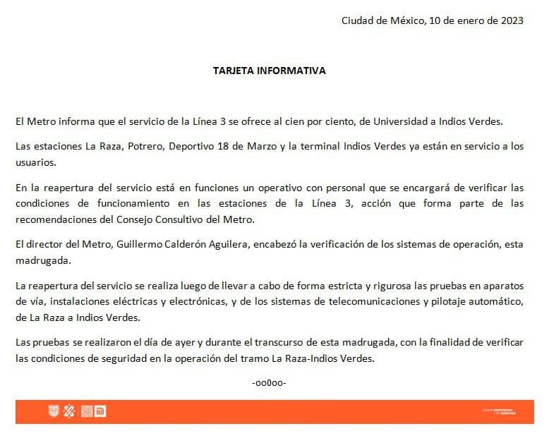 Este lunes continuaron las pruebas y revisiones de instalaciones eléctricas y las telecomunicaciones de la red en la Línea 3 del Metro | Foto: Twitter Metro 