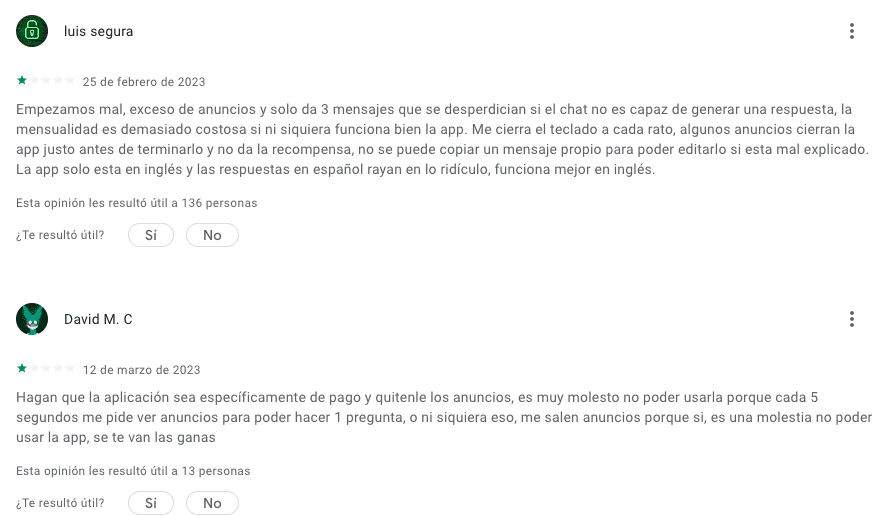 Comentarios en la App ChatAi GDT - Ai Chat, Ai Bot Foto: Captura de Pantalla