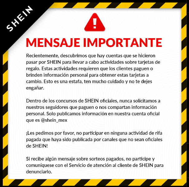 Comunicado de Shein Foto: Instagram