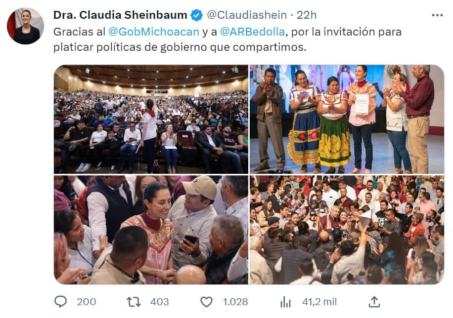 En Morelia, Claudia Sheinbaum retoma gira en donde se quedó tras choque del Metro 2