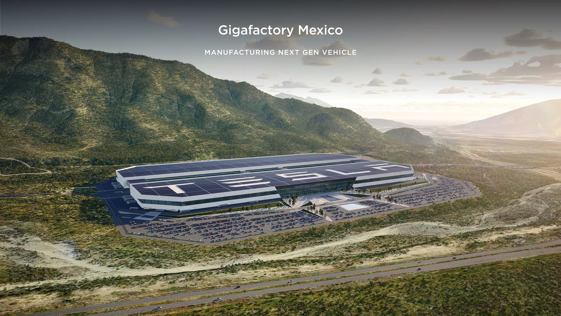 Así se vería la gigafábrica de Tesla que será construida en Santa Catarina, Nuevo León. FOTO: twitter.com/@samuel_garcia
