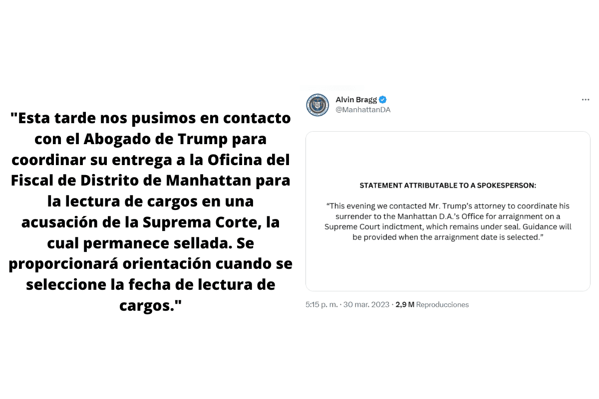 El Fiscal Alvin Bragg publicó un comunicado donde confirma que Trump comparecerá ante la Corte Suprema de Estados Unidos. FOTO: Twitter