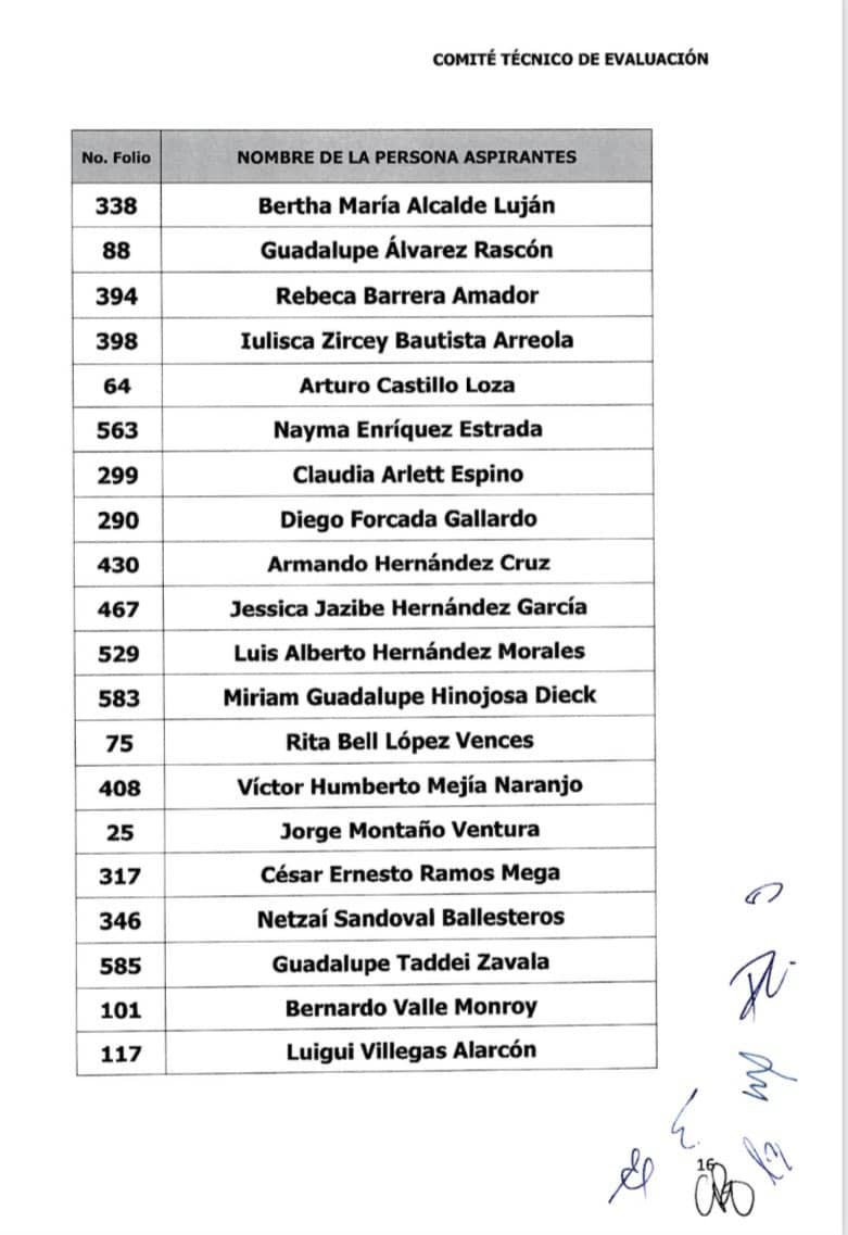 Lista de los 20 finalistas que podrían encabezar al INE entre 2023 y 2032. FOTO: INE