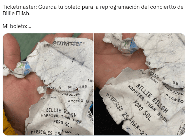 Debido a la fuerte lluvia, Ticketmaster canceló la primera fecha de Billie Eilish en el Foro Sol de la CDMX, por lo que los asistentes podían ir a la segunda fecha, siempre y cuando conservaran a salvo sus boletos. FOTO: Twitter