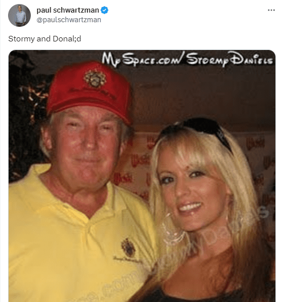 Paul Schwartzman, del New Yorker, publicó esta fotografía de la noche en que Donald Trump y Stormy Daniels se conocieron en California. FOTO: Twitter