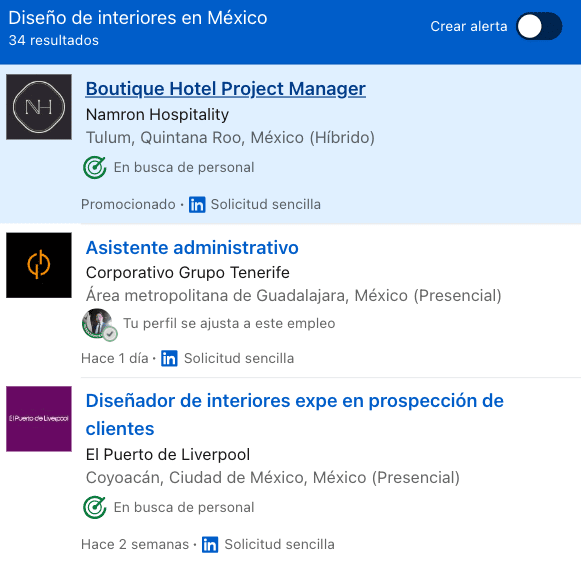 Ofertas de empleo de Diseño de interiores en LinkedIn Foto: Captura de pantalla