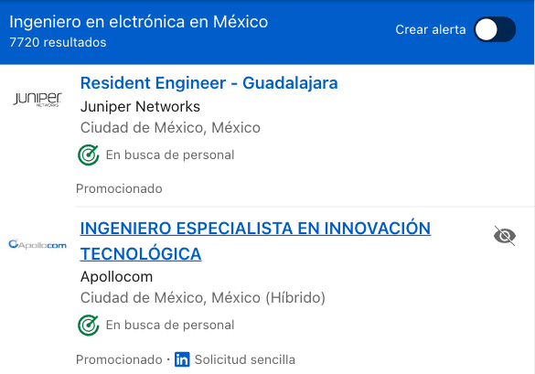 Trabajo para ingeniero electrónico en LinkedIn foto: Captura de pantalla