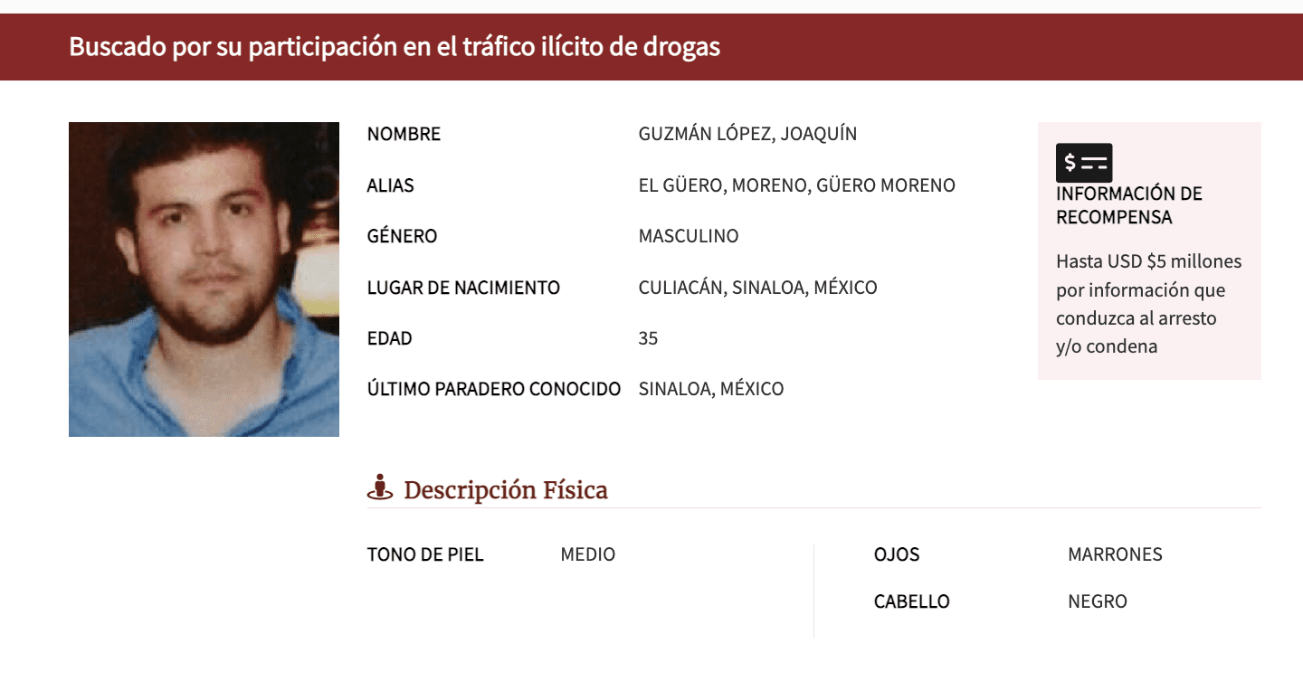 Joaquín Guzmán López, recompensa de 5 millones de dólares Foto: ice.gov