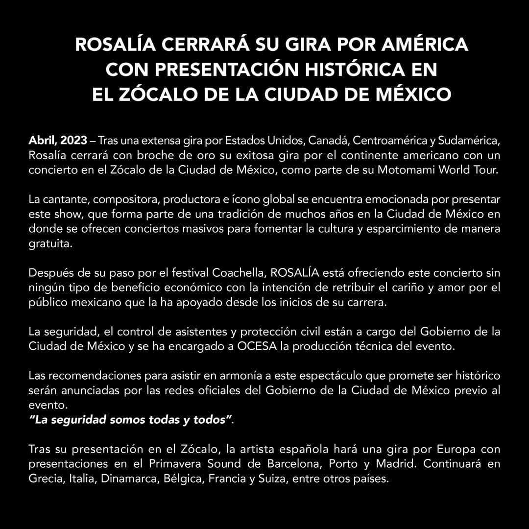Comunicado de OCESA Concierto de Rosalía en el Zócalo Foto: Twitter