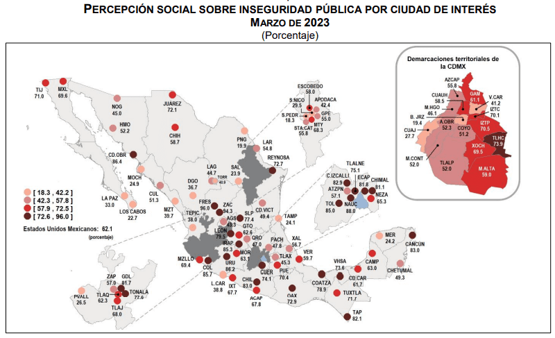 De acuerdo con el INEGI, estas son algunas de las ciudades más inseguras de México. Para el estudio se tomaron en cuenta 75 urbes. FOTO: INEGI