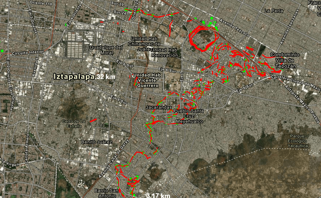 Zonas con mayor riesgo de fracturamientos y hundimientos en Iztapalapa. FOTO: Atlas de Riesgos de la CDMX