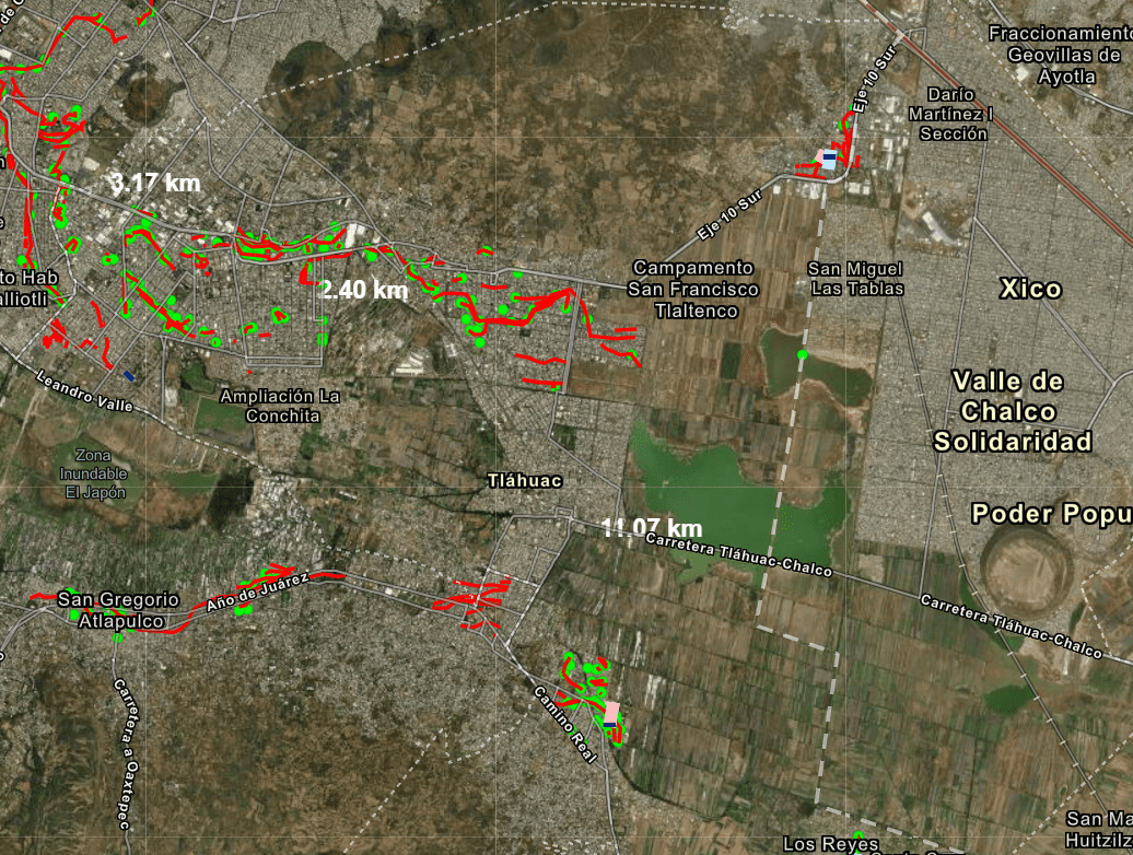 Zonas con mayor riesgo de fracturamientos y hundimientos en Tláhuac. FOTO: Atlas de Riesgos de la CDMX