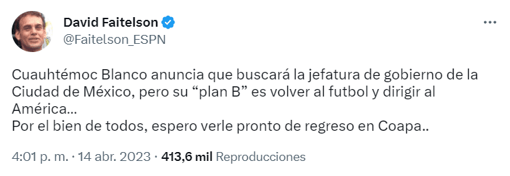 El comentarista deportivo, David Faitelson, arremetió en contra de Cuauhtémoc Blanco y dice: "Por el bien de todos, espero verle pronto de regreso en Coapa.." FOTO: Twitter @Faitelson_ESPN