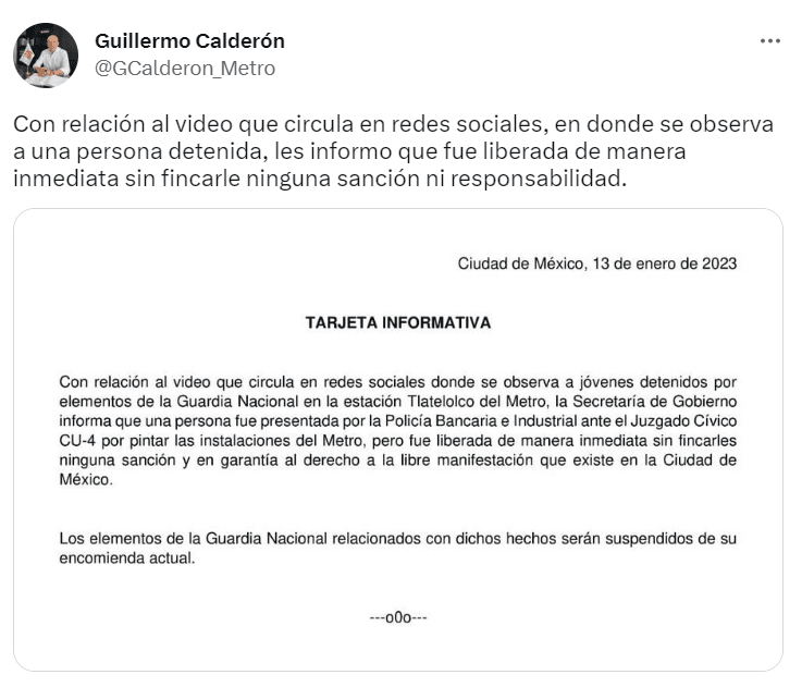 El Director del Metro informa que el joven detenido fue liberado sin ningún cargo. FOTO: Twitter