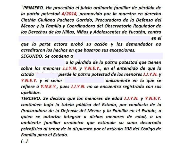 Sentencia en el que Ana y José quedan bajo la tutela del DIF Yucatán, posteriormente son separados, pese a que su abuela materna aún luchaba para que regresaran a casa. Crédito: cortesía.