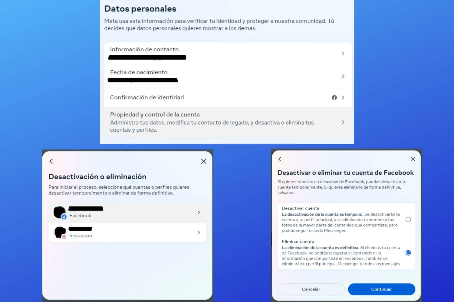 Desactivar o eliminar cuenta de Facebook.