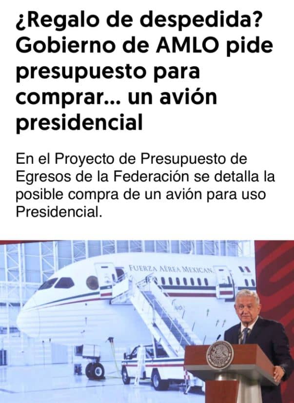 FALSO QUE AMLO VAYA A COMPRAR SEGUNDO AVIÓN PRESIDENCIAL PORTADA 2