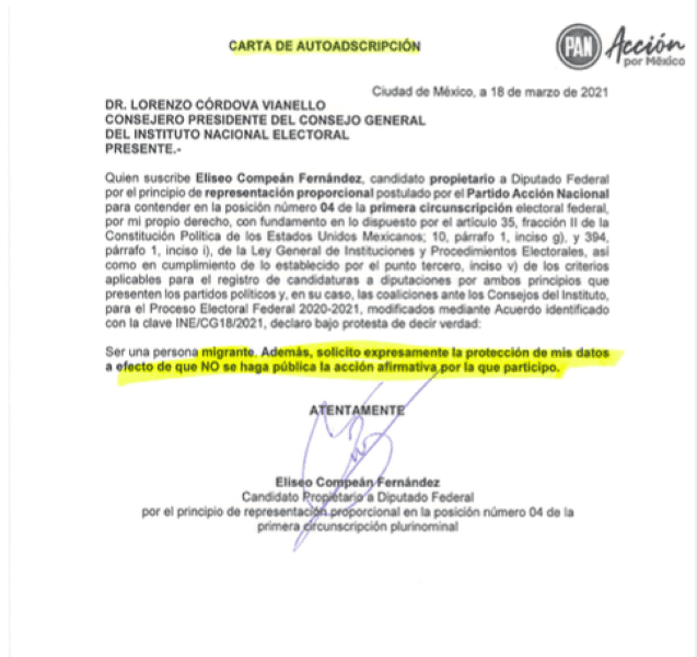 Carta de autoadscripción de Eliseo Compeán