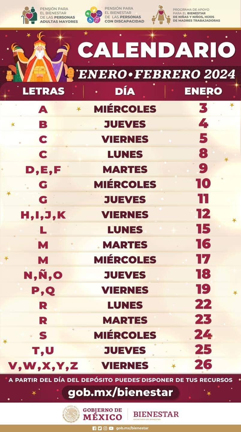 Calendario de pagos bienestar 2024 pensión
