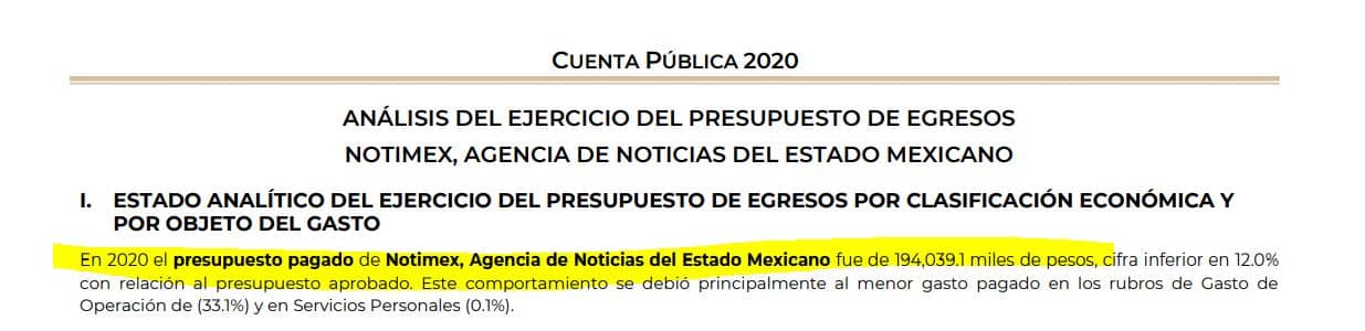 En los reportes de la Cuenta Pública sí hay información de los gastos de Notimex durante los años en huelga. Foto: Hacienda.