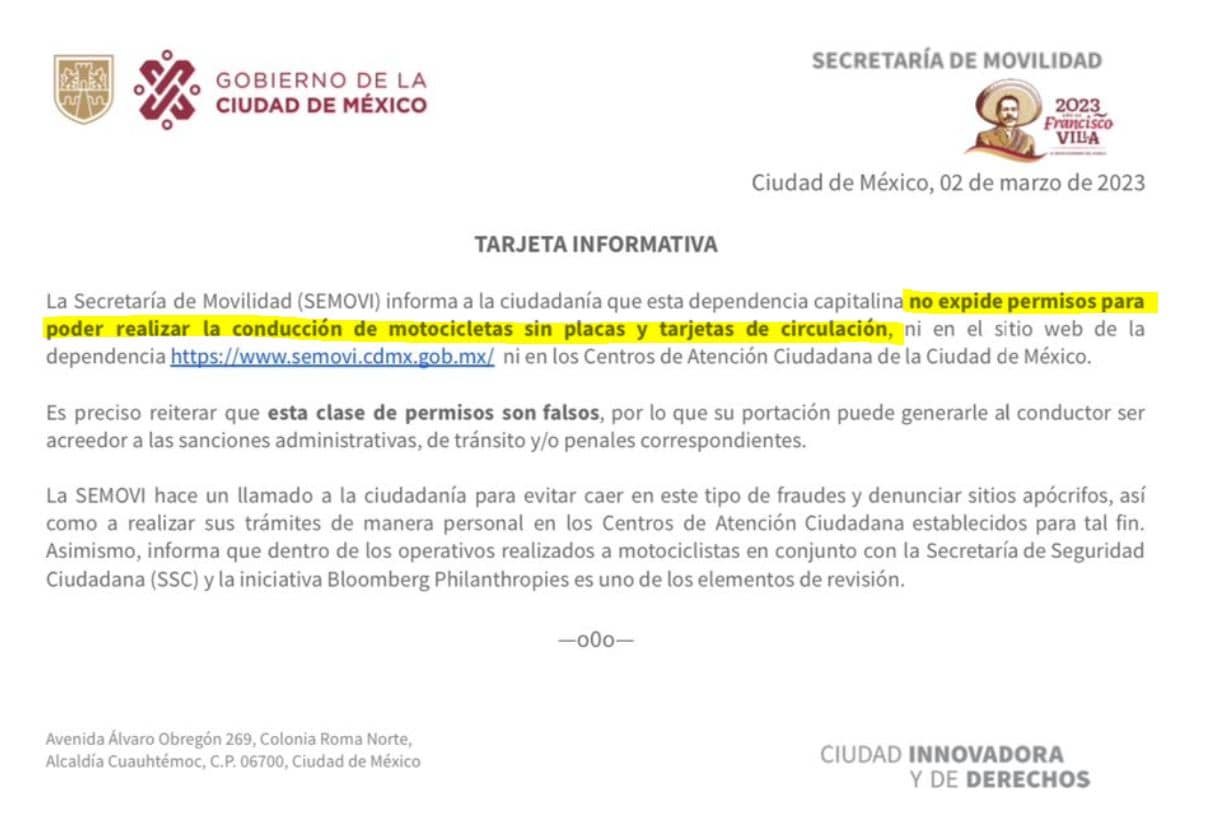 Permiso para circular sin placas para motos en CDMX no existe, es un fraude 2