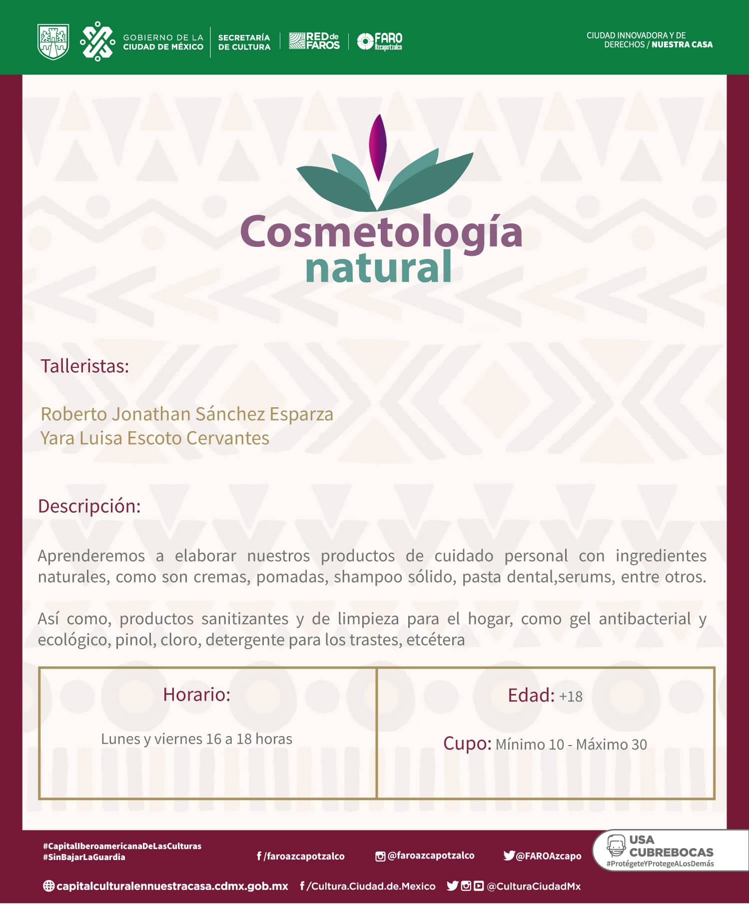 Habrá también clases para aprender a hacer cosméticos o artículos de belleza | Foto: Fb FARO Azcapotzalco