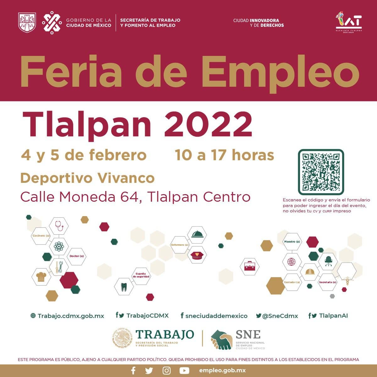 Este es el Código QR que deberás escanear para hacer el registro a la Feria del Empleo de la alcaldía Tlalpan Foto: Twitter SNE 