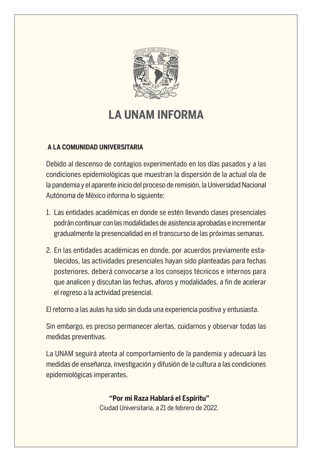 La UNAM pide aumentar el aforo en las clases presenciales | Foto: UNAM