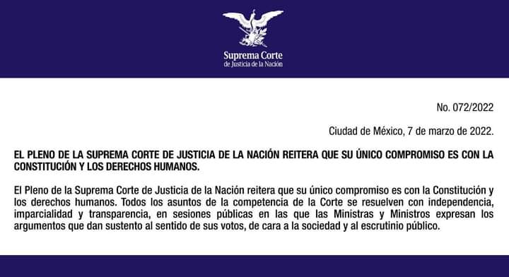 La Suprema Corte asegura que su compromiso es con la Constitución y los Derechos Humanos | Foto: Fb SCJN