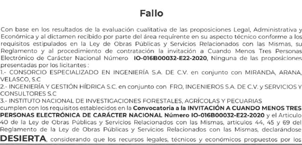 En la invitación a cuando menos tres personas, Ingeniería y Gestión Hídrica, en conjunto con Fro, Ingenieros S.A. de C.V. y Servicios y Consultores S.C. tampoco cumplía con los requisitos necesarios. 