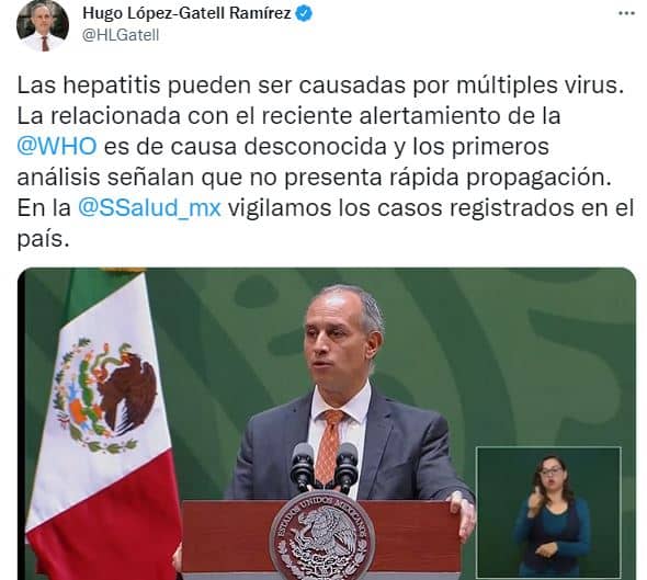 Hugo López-Gatell aseguró que los casos de hepatitis no son de rápida propagación pero se continúan analizando Foto: Twitter Hugo López Gatell