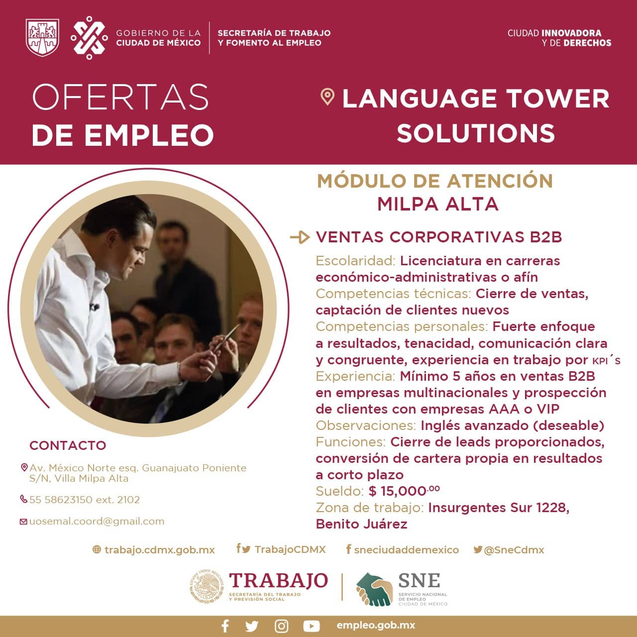 Estas son las vacantes de empleo que ofrece la alcaldía Milpa Alta Foto: Twitter SNE