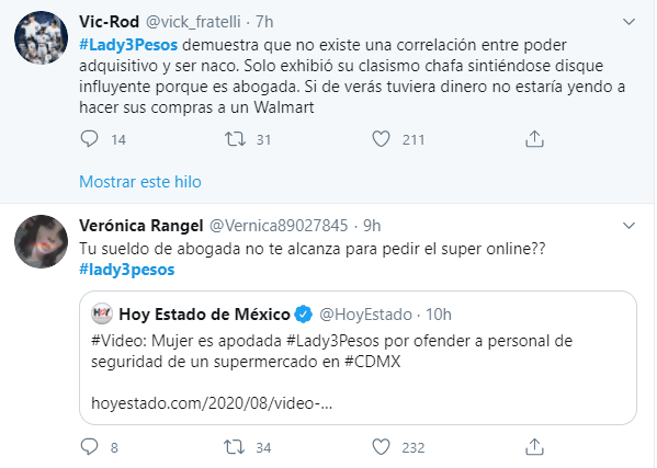 Algunos comentarios criticando a #Lady3Pesos