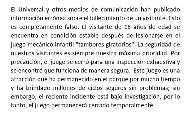 Six flags muerto el universal comunicado
