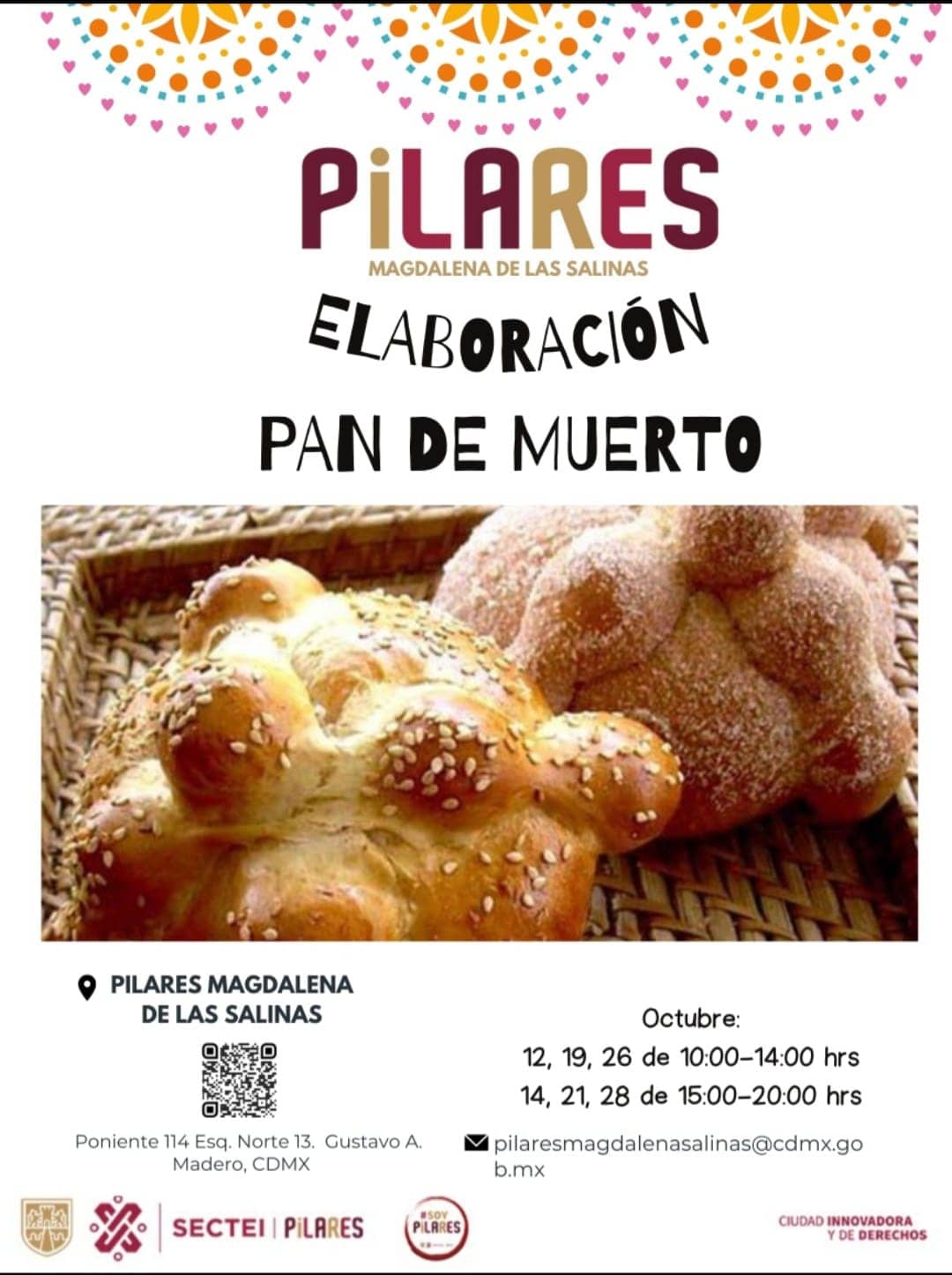 Al escanear el código QR encontrarás la dirección de la sede PILARES para el taller de pan de muerto | Foto: FB PILARES